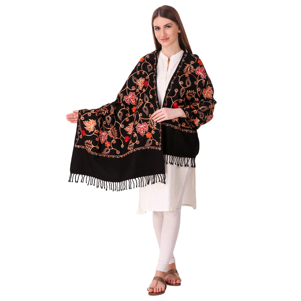 BRAVEZI Women's Woolen Kashmiri Emboridered Shawl (BZST5553, Black, Free Size)