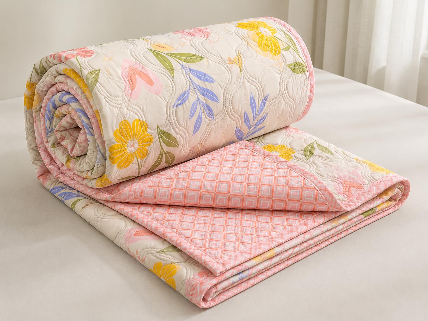 NAYU Cotton Dohar for Double Bed (72x90 Inch) | 150 GSM AC Comforter & Cooling Quilt | Classic Printed Lightweight Reversible Summer Blanket (Off-White) Kafalo