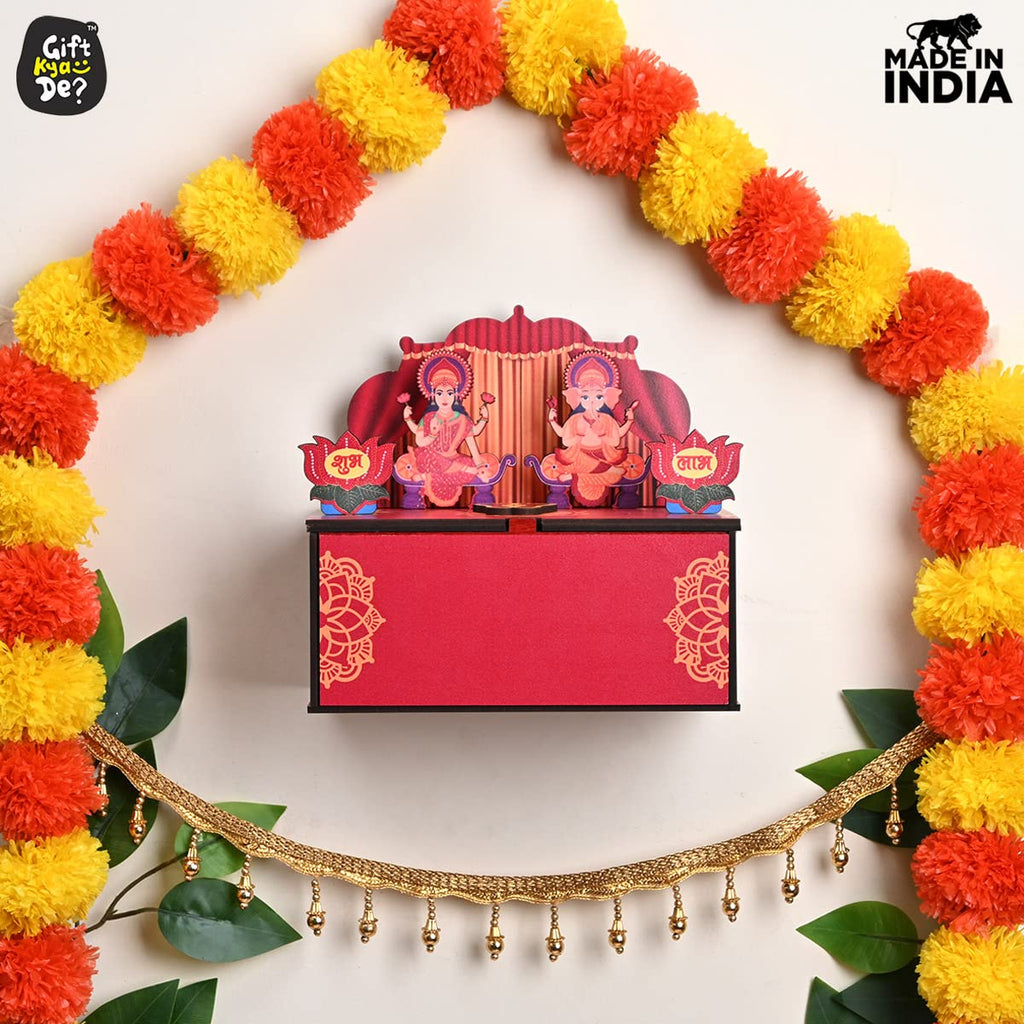 GKD Gift Hamper Special Mini Mandir with Pooja Samagri & 2 Diya's/Wooden Gift Box with Storage DIY Temple Traditional Design with Space, Hanging Mandir (Color Big Size)