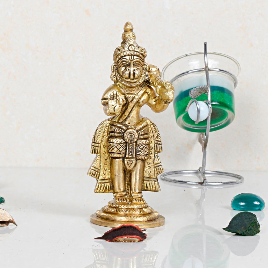 ARTVARKO Brass Bajrangbali Sankat Mochan Standing Hanuman Idol Statue Murti for Home Office Entrance Decor Temple Puja 5.5 Inch