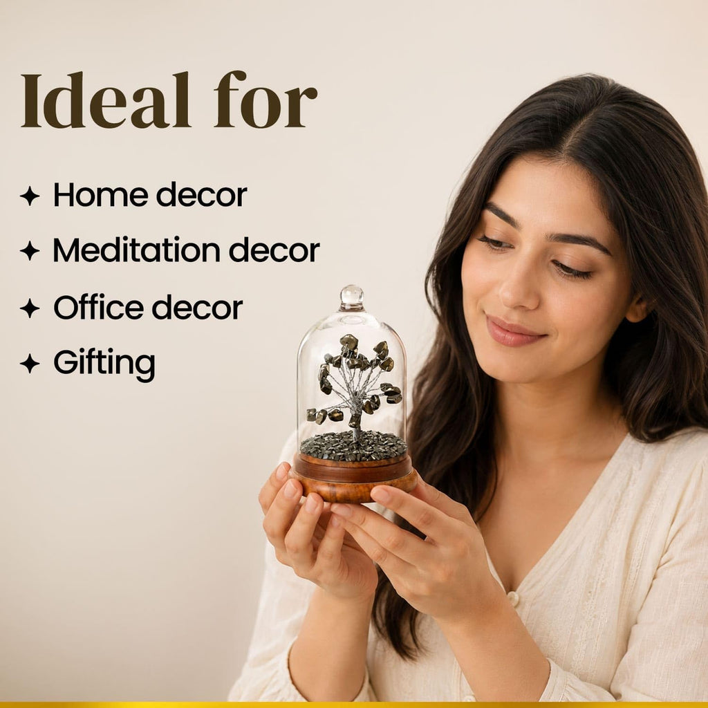 BhagyaG Pyrite Crystal Tree with Glass Dome & Wooden Base | Natural Pyrite Stone Money Tree Showpiece for Home, Office, Study Table & Décor | Elegant Gemstone Tree Gift