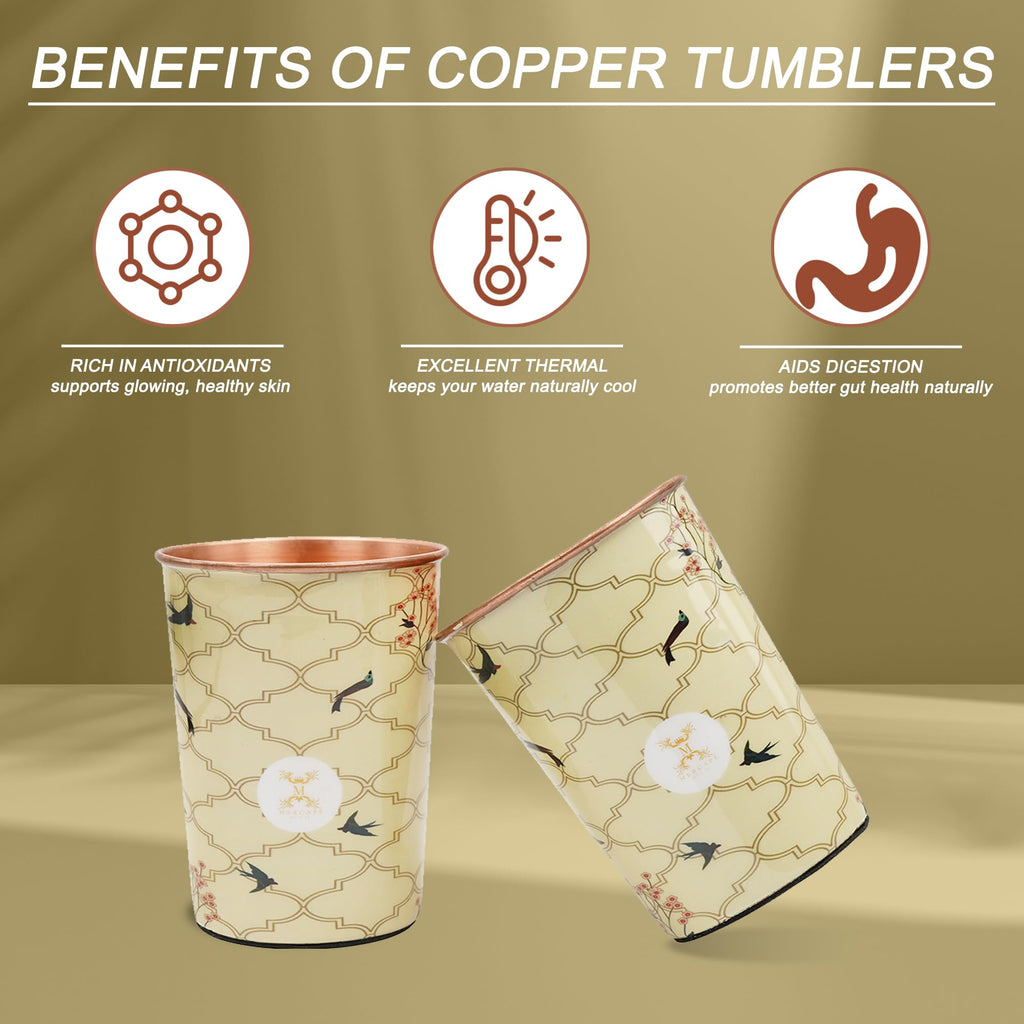 MERCAPE® 100% Pure Copper Glasses Set of 2 | Designer Meena Print | 300ml Each | Ayurvedic Benefits | Handmade Copper Tumblers for Daily Use & Gifting (Multiple Designs) (Beige Swallow Design)