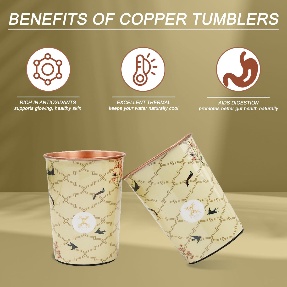 MERCAPE® 100% Pure Copper Glasses Set of 2 | Designer Meena Print | 300ml Each | Ayurvedic Benefits | Handmade Copper Tumblers for Daily Use & Gifting (Multiple Designs) (Beige Swallow Design)