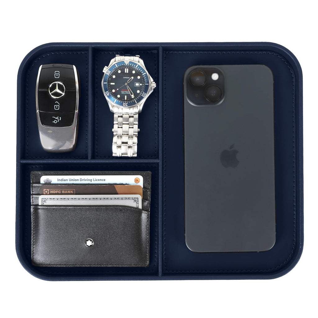 V-CUBE DESIGNS Premium Vegan Leather Valet Tray|Stylish & Modern Office Desk Tray| Table/Bedside/Entryway Organiser for Everyday Essentials Like Keys, Phone, Watch, Wallet, Jewellery|Spill-Proof|Blue