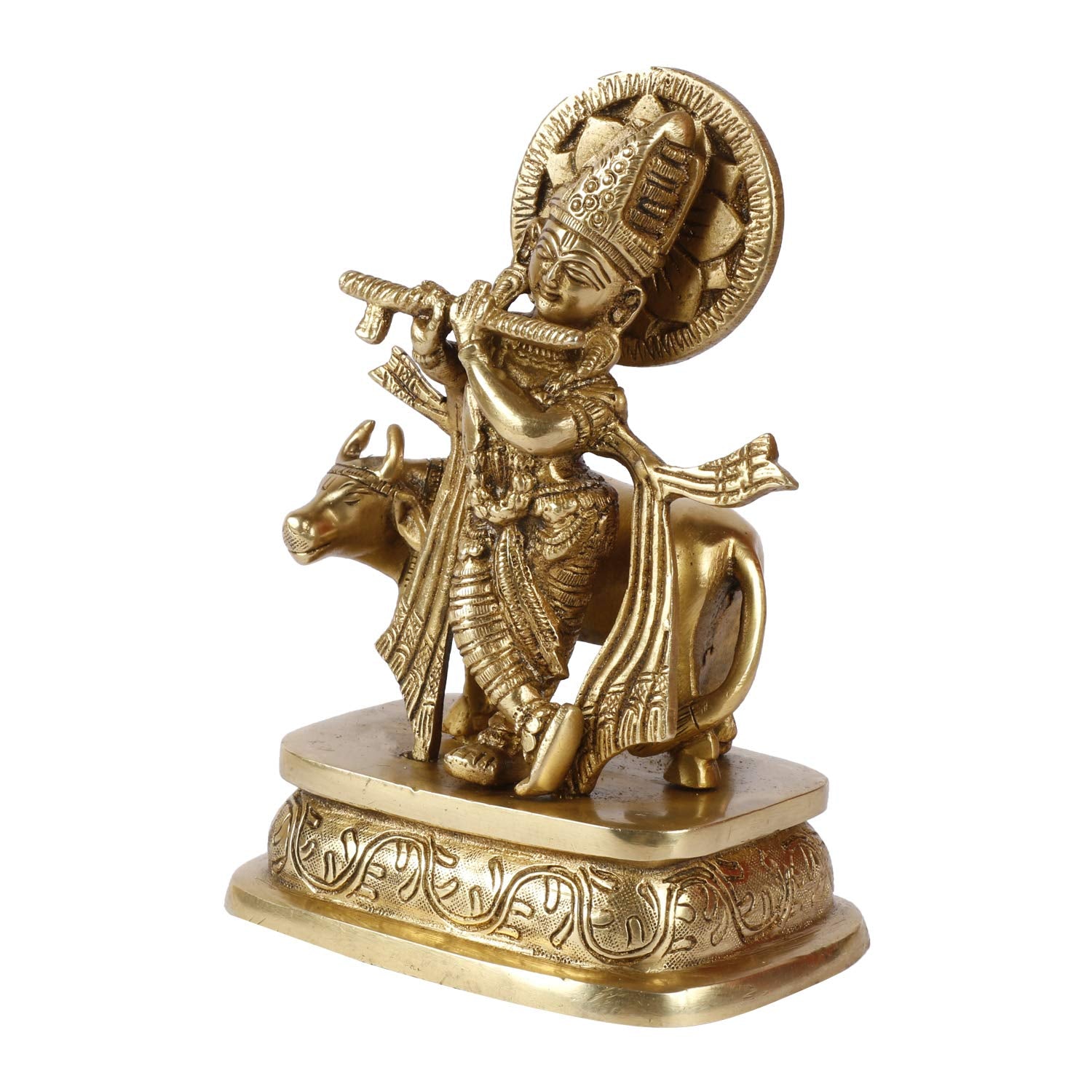 SVARUP Brass Krishna Bhagwan Idol with Gau MATA in Gold Color Height 6.5 Inch