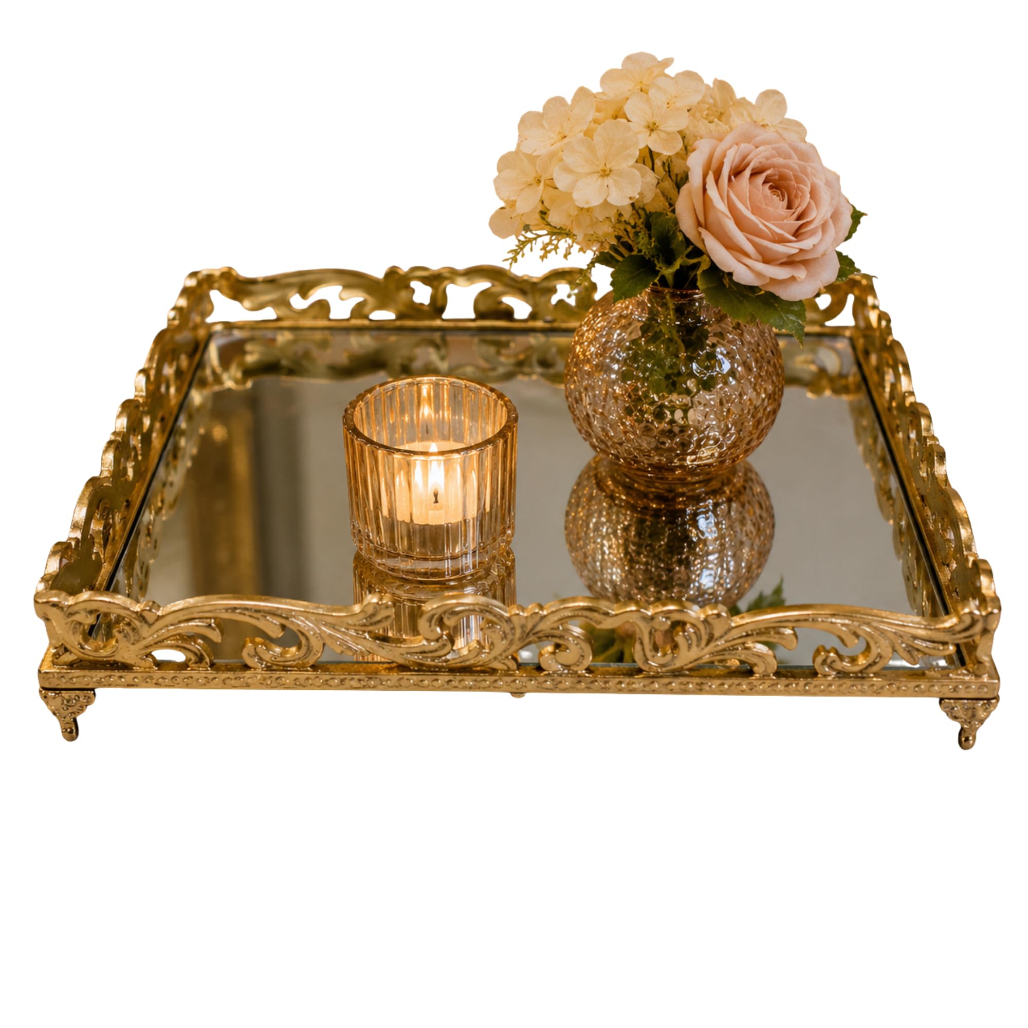 Decorative Gold Mirrored Serving Tray with Metal Frame, Vanity Organiser for Perfume, Jewellery, Cosmetics, Coffee Table and Home Decor