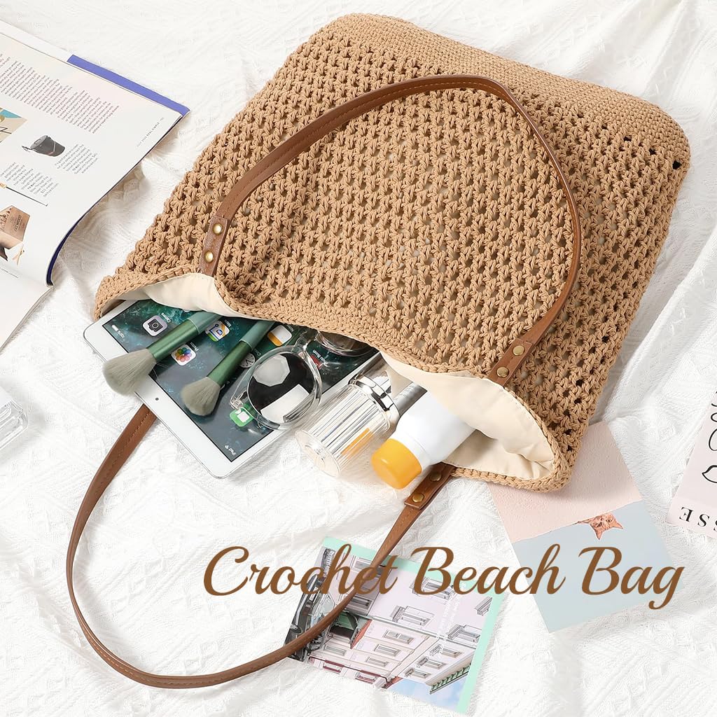 PALAY Tote Bag for Woman Crochet Beach Shoulder Bags with Leather Strap