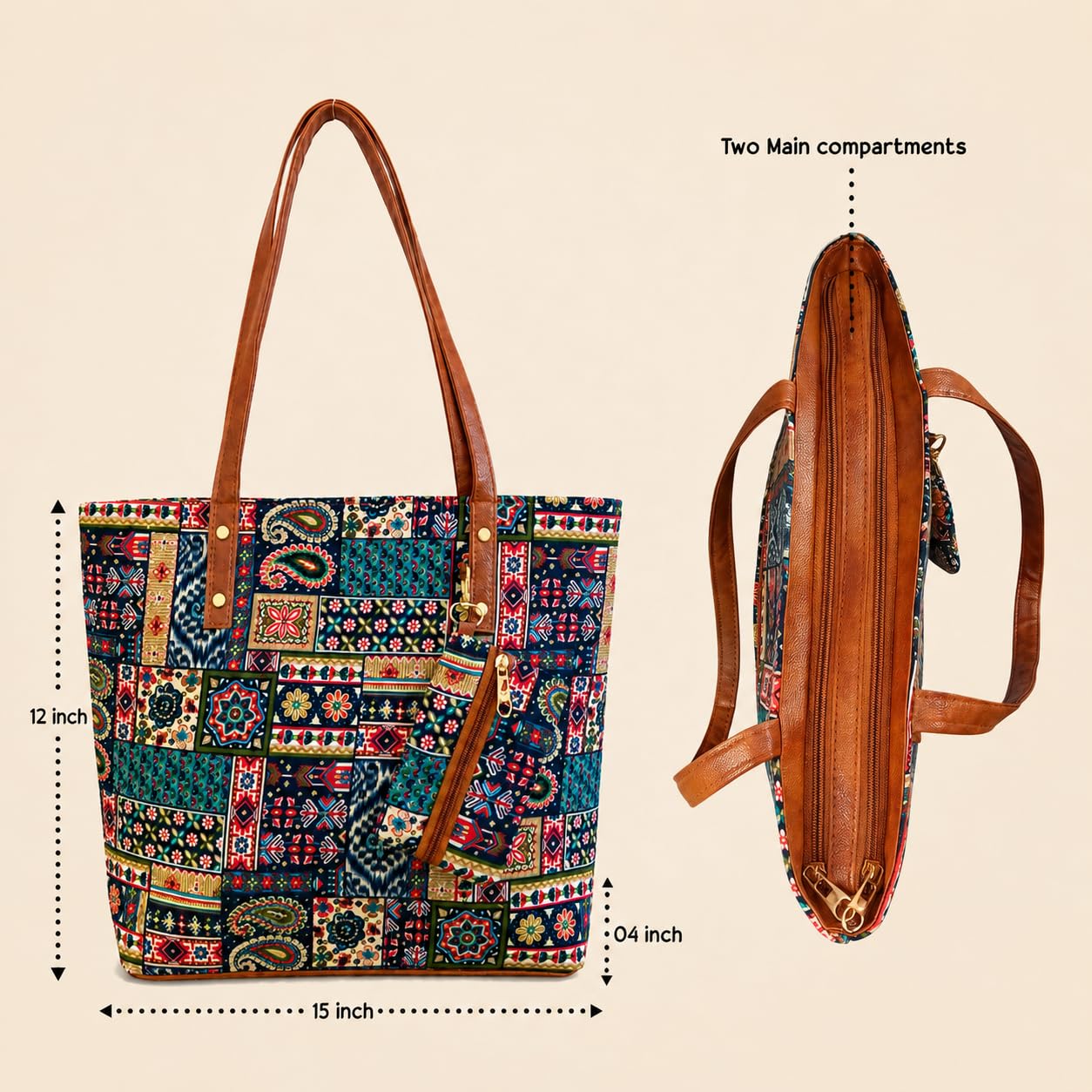 Women's Ethnic Printed Combo Tote Bag & Sling Purse Set with Multiple Zip Compartments, Leather Handles, Adjustable Strap, Spacious Shoulder Carry Handbag for Office, College,Travel & Daily Use (Blue)