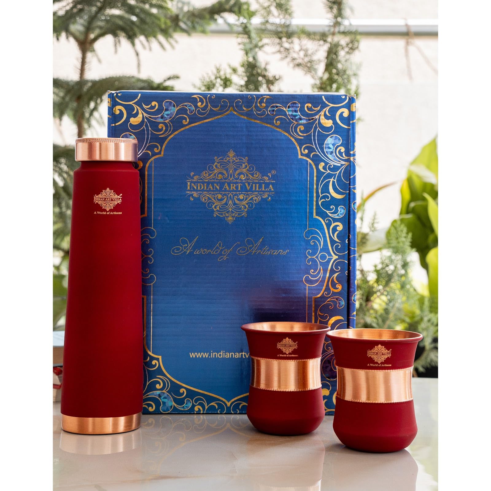 INDIAN ART VILLA Copper Bottle & Glass Set - 800 ml Water Bottle & 2 Glasses (300 ml Each) with Red Pyramid Ombre Silk Finish, Perfect for Gifting & Everyday Use