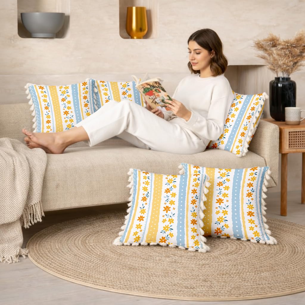 STITCHNEST 'Little Meadow Series' Tassled Cushion Cover | Set of 2 | Floral Cushion Cover 24 inch x 24 inch
