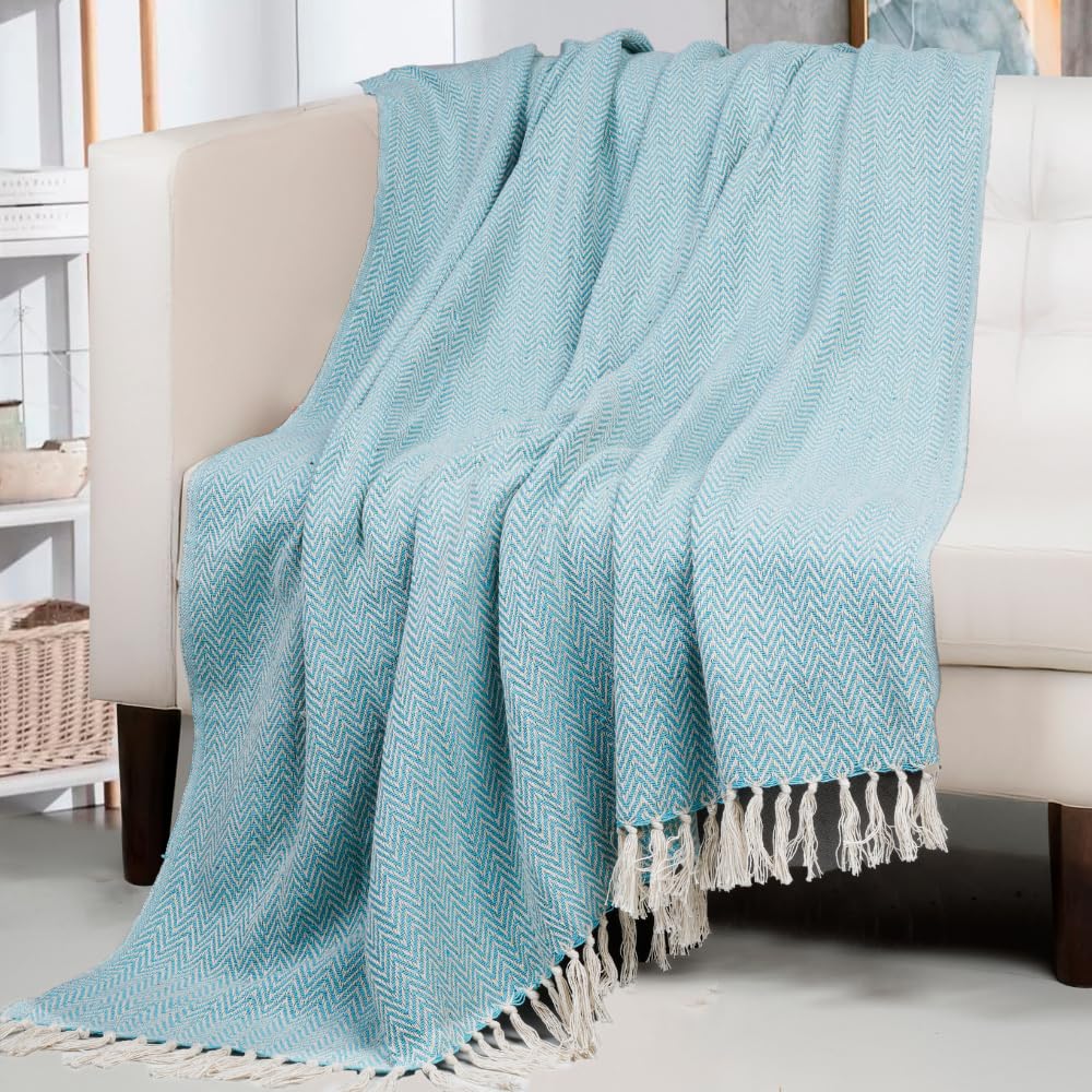 HOMADORN All Season Cotton Weaved Throw Blanket for Bed/Sofa 50x70 INCHES (Aqua) Kafalo