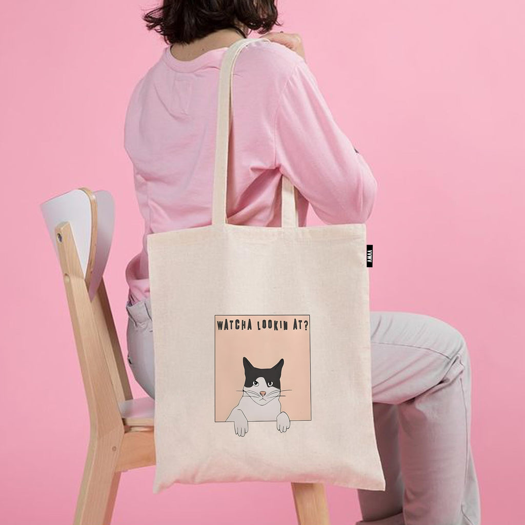 VVWV Watcha Lookin At? Cute Printed Reusable Tote Bags | 100% Organic Cotton Shopping/Grocery Bag | Multi-Purpose Bag | Sturdy Canvas Bag with 15kgs Capacity | Single Pack (13 x 15.7 Inch)