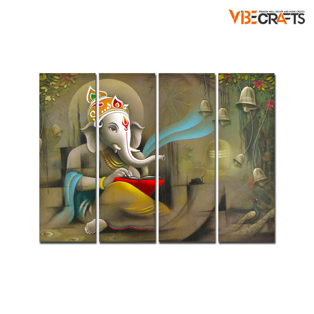 VIBECRAFTS 4 Pieces Beautiful Shree Ganesh Canvas Wall Painting Fitted With Wooden Frame For Home | Office | Living Room | Gift(PTVC4Pcs1_13527)