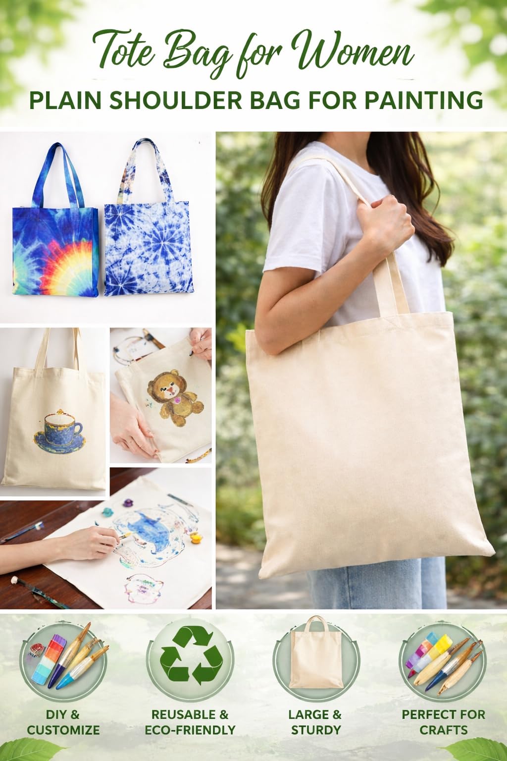 SKY LESS FASHION Cotton Tote Bag for Women, Plain Shoulder Bag for Painting Reusable Multi-Purpose Grocery Shopping Bag for School, Gym, Beach & Travel, 16 x 14 Inch, Beige Pack of 2