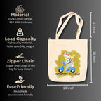 snapiq COTTON 350 GSM Canvas Tote Bag for Women and Girls Thick Fabric with Zipper (Beige, Bearbike2)