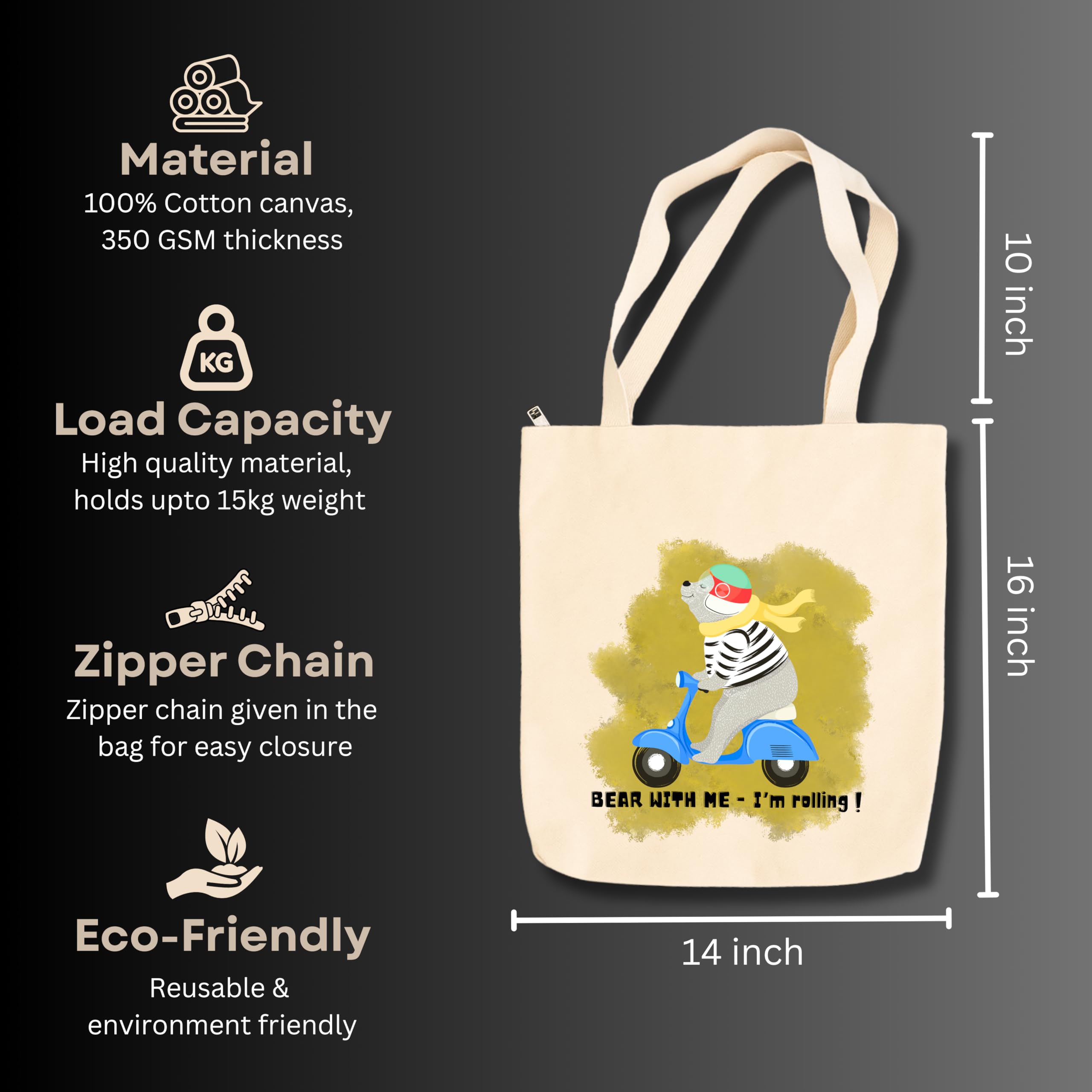 snapiq COTTON 350 GSM Canvas Tote Bag for Women and Girls Thick Fabric with Zipper (Beige, Bearbike2)