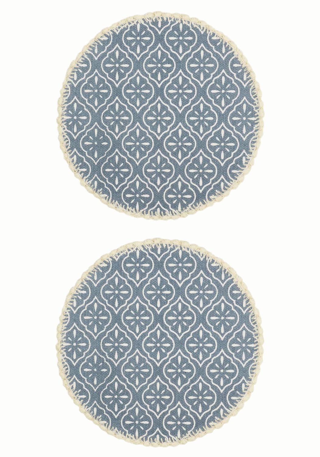 Saral Home Jute and Cotton Crochet Antiskid Printed Round Table Mat | Placemats for Bed-Side Table, Center Table, Dining Table, Shelves | Set of 2 pc (Grey, 38x38 cm) Kafalo