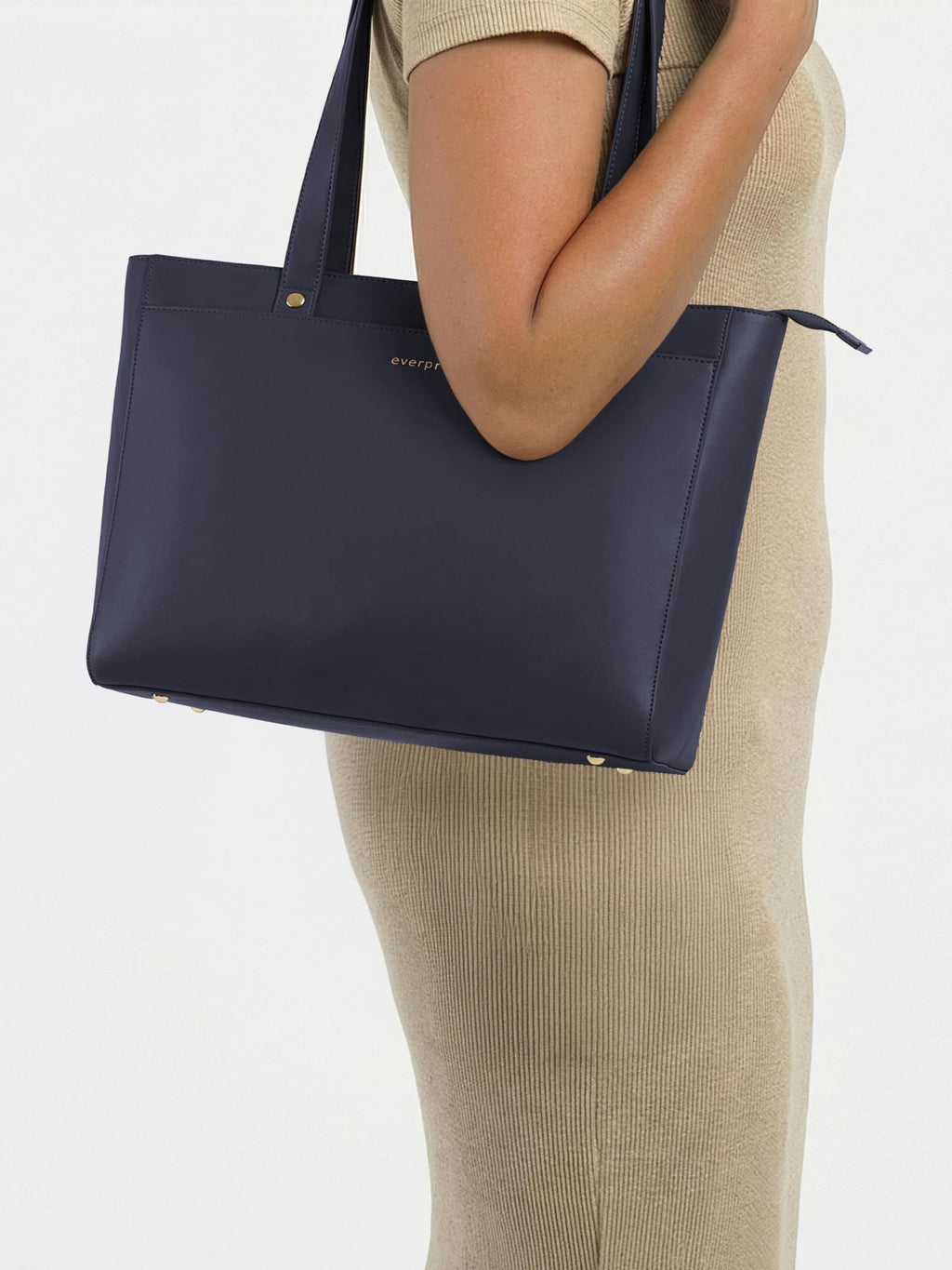 Everpret Premium Work Tote Bag for Women with 16-Inch Laptop Compartment | Vegan Leather Office Travel Handbag with Trolley Sleeve, Water Bottle Pocket & Organized Compartments | Navy Blue