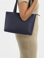 Everpret Premium Work Tote Bag for Women with 16-Inch Laptop Compartment | Vegan Leather Office Travel Handbag with Trolley Sleeve, Water Bottle Pocket & Organized Compartments | Navy Blue