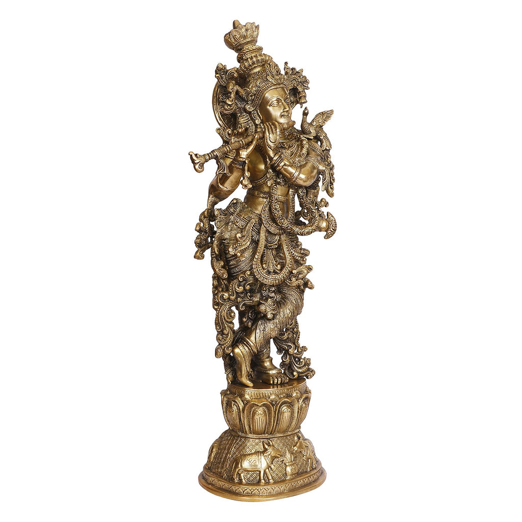 ARTVARKO Brass Krishna Bhagwan Murti Idol in Flute Playing Posture on Cow & Kalash Home Temple Decor Entrance Statue Height 29 Inch