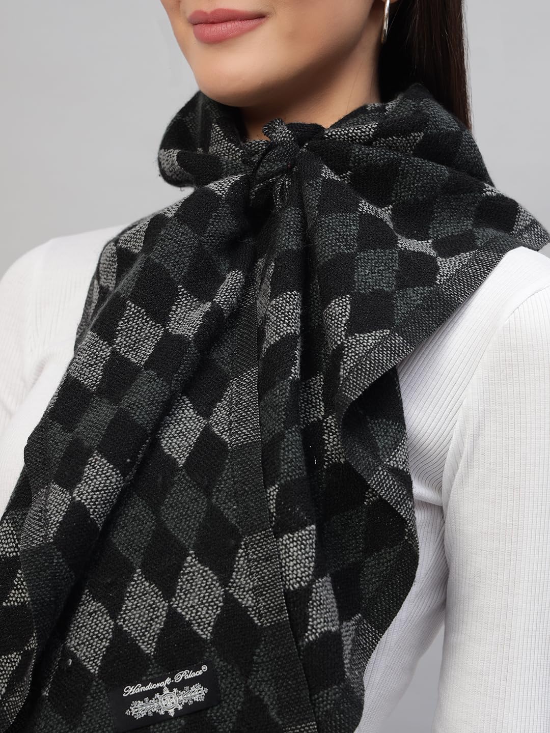 Ravaiyaa - Attitude is everything Women Woolen Ikat Design Casual Warm Winter Wear Muffler Scarf Stole 72x14 Inch (Black & Grey Check)