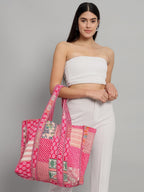 Ravaiyaa - Attitude is everything Patchwork Quilted Tote Bag Women Reversible Shoulder Bag Cotton Carry Bag Multipurpose Tote Bags (Pink)