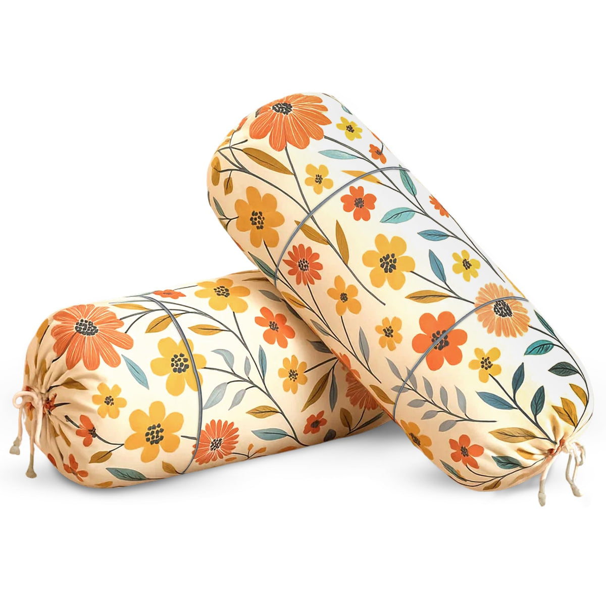 GLUN®Flower Print Cotton Bolster Cover Set of 2 | 16 x 30 Inches | Soft & Luxurious Decorative Bolster Pillow Covers for Sofa, Bed & Living Room | Cream