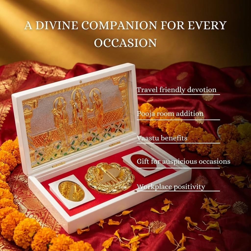 House Of Wemy Gold Plated Ram Darbar Pocket Temple for Wedding/Marriage Gift | Sri Ram, Lakshman, Sita & Hanuman Divine Prayer Boxes with Photo Frame & Charan Paduka (White - 21.3 cm)- Pack of 1