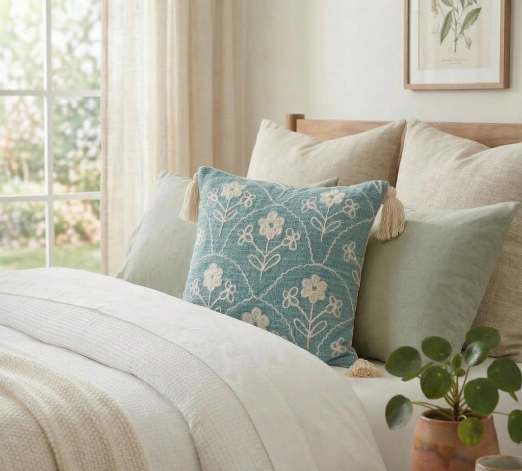 Furnistitchs Handmade Tufted Boho Cushion Covers 12x12 Inches | Embroidered Sofa Pillow Cases | Rustic Bohemian Decorative Throw Cushions for Couch Bedroom Living Room (2, Green Floral Arcs)