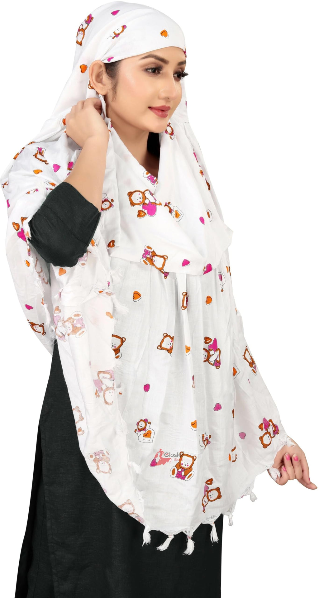 Vinsh Enterprise Cotton Female Long Scarf Cum Mask Scarves Usable for Vehicle Driver | White Printed Design | Universal Size | For Girl & Women | Soft & Breathable Sun Protection (TEDY BEAR)