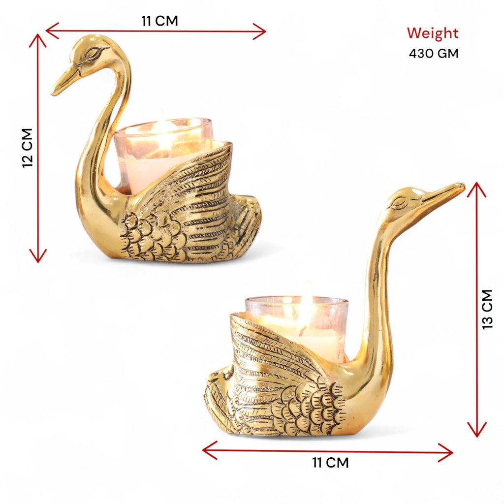 KridayKraft Antique Gold Aluminium Swan Tealight Candle Holders Set of 2 | Handcrafted Metal Bird Figurine Table Centerpiece for Living Room & Dining | Wedding, Housewarming