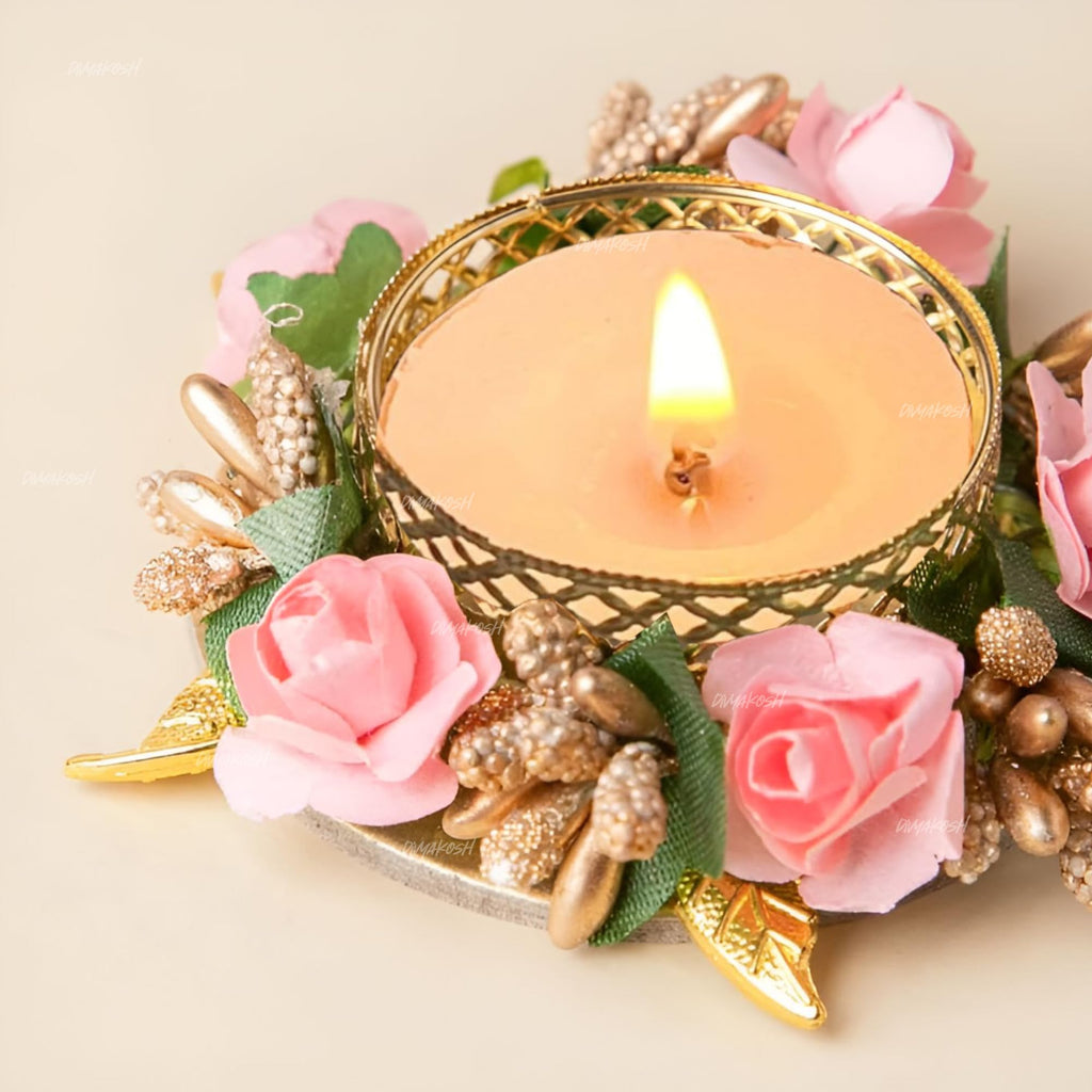 Divyakosh Metal Flower Tea Light Holder Stand Set of 6 Pcs with Wax Candle for Diwali,Rangoli,Handmade Tlight for Deepawali Decoration,Diya for Home Decor|Designer Holders,Multicolour