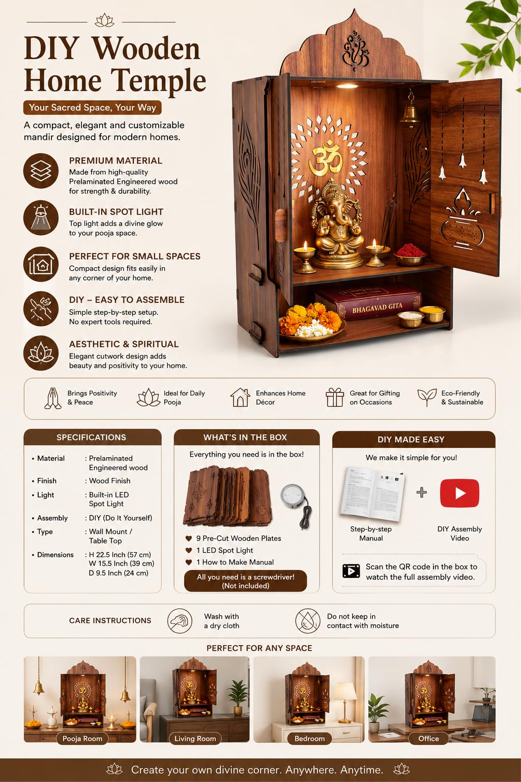 Gloridec Wooden DIY Pooja Temple for Home with Door | Pooja mandir with Door Wall Mounted Temple with LED Light | Home Mandir for Puja Room, Living Room & Office (49 x 30 x 20 CM)