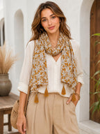 Women's Printed cotton Scarf with Tassels, Lightweight Boho Stole, 180x50 cm, All Seasons (Camel)