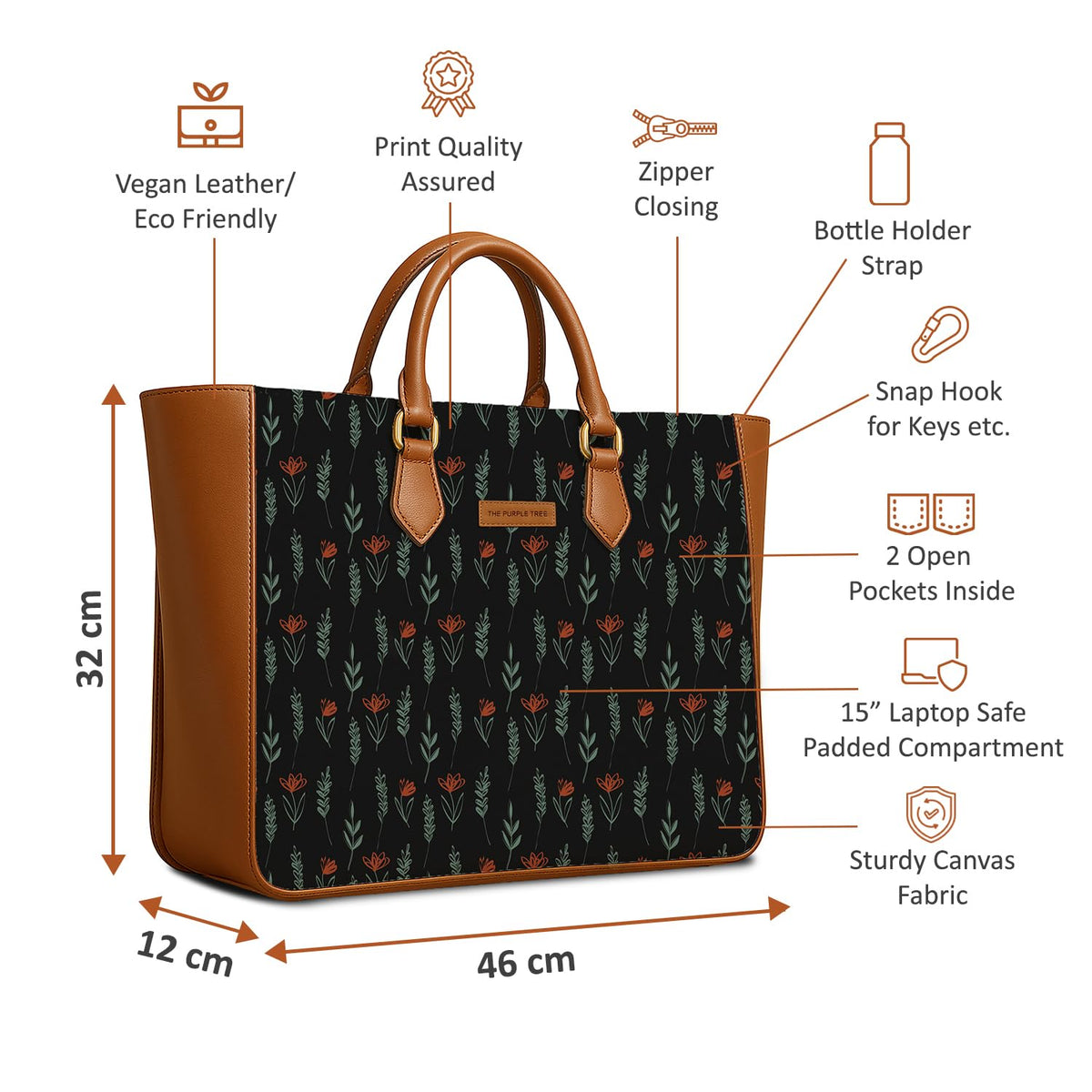 The Purple Tree Women's Office Essential Bag | Vegan Leather Handbag with Laptop Compartment | Spacious Office Bag | Durable Non-Fade Designer Work Tote for Travel, College & Daily Use (Willow Noir)