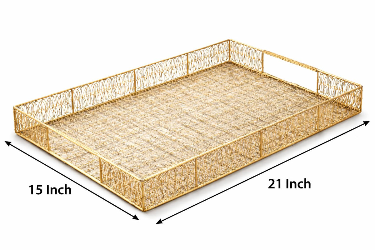 Gold Metal Wire mesh Tray Set of 2 Decorative Serving Trays | Wedding Gift Tray | Hamper Basket | Return Gift Platter | Festive, Pooja & Home Décor Use