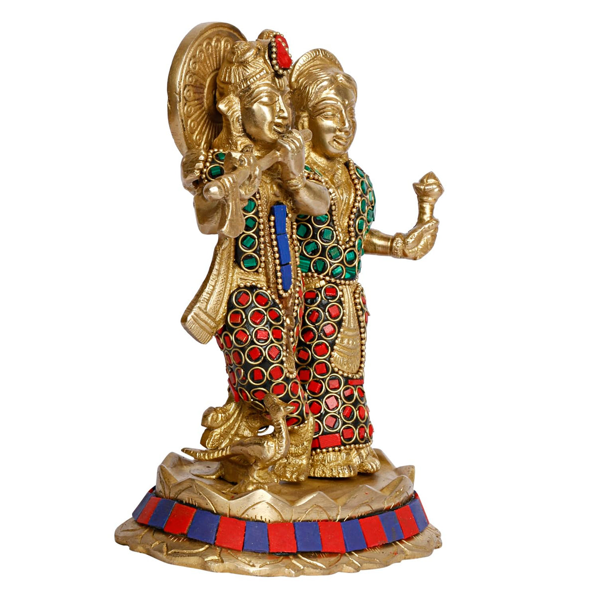 ARTVARKO Brass Lord Radha Krishna Playing Flute Standing On Lotus Multicolor Stone Handwork Murti for Gift 6.5 Inches