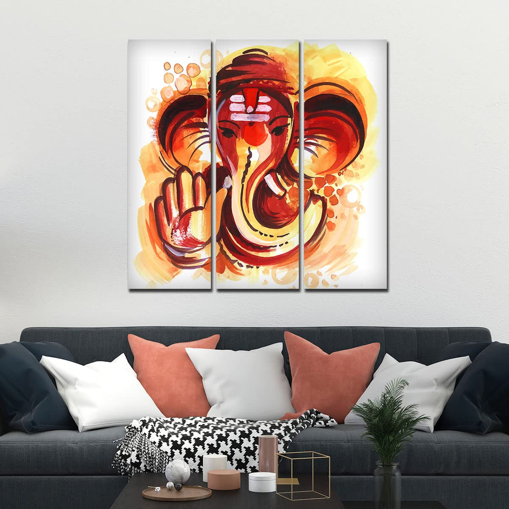 VIBECRAFTS Shree Ganesha Head 3 Pieces Canvas Wall Painting Fitted With Wooden Frame For Home | Office | Living Room | Gifts (PTVC3Pcs1_9577)