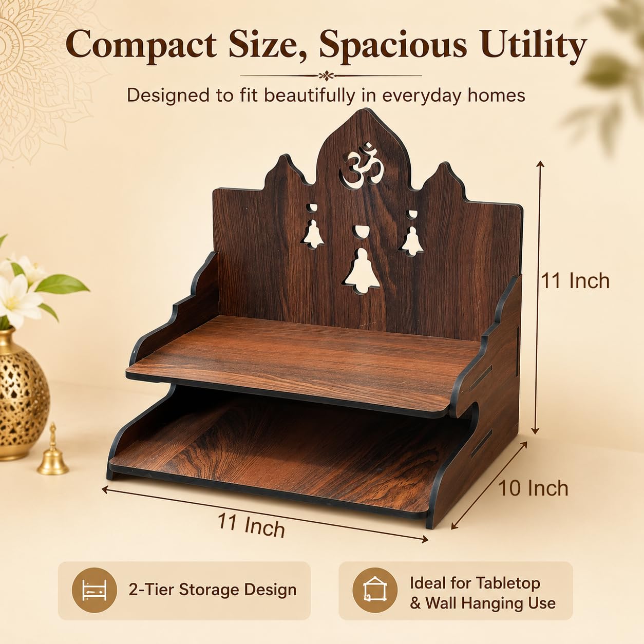 The Castle Decor Wooden Mandir for Home, Wall Hanging & Tabletop Pooja Temple with 2-Tier Storage Shelf, Om & Bell Cutwork, MDF Mandir for Pooja Room, Office & Hostel, 11 x 11 x 10 Inch (Design-4)