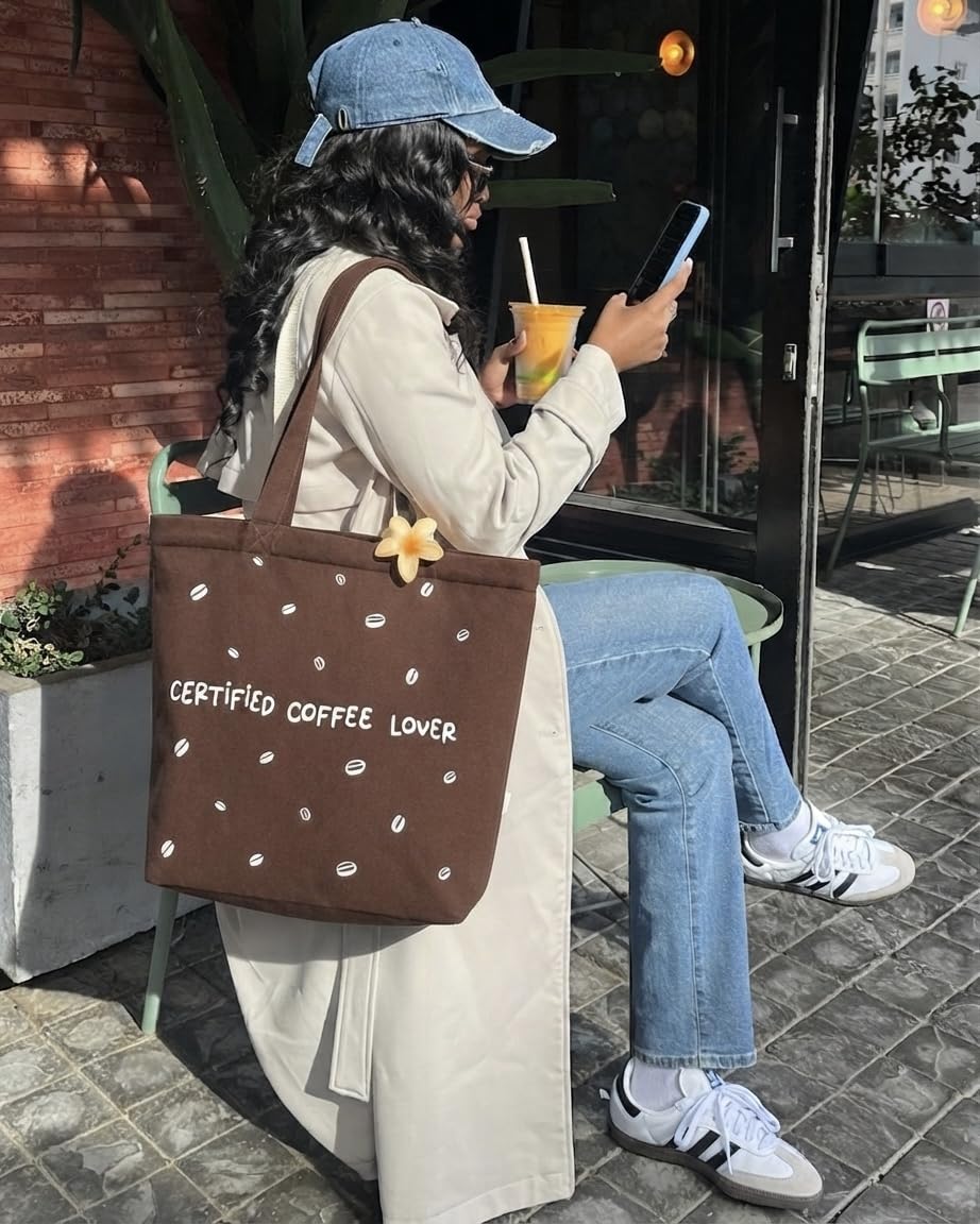 MASQ Premium ToteBag for Women with Zipper | Embroidered Foldable Shoulder Bag with Multiple Pockets | Spacious Handbag for College & Office | Eco-Friendly & Reusable (AP_TB_Coffee_Lover_01)