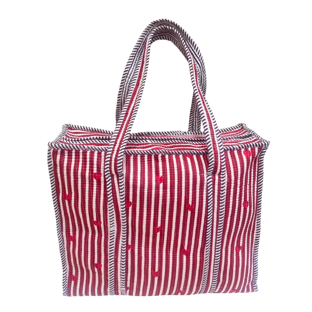 RajPadmini 4-in-1 Festive Gifting Combo : Premium Quilted Tote Bag + 3 Waterproof Pouches = Your Complete Organization Solution! (Heart Red)