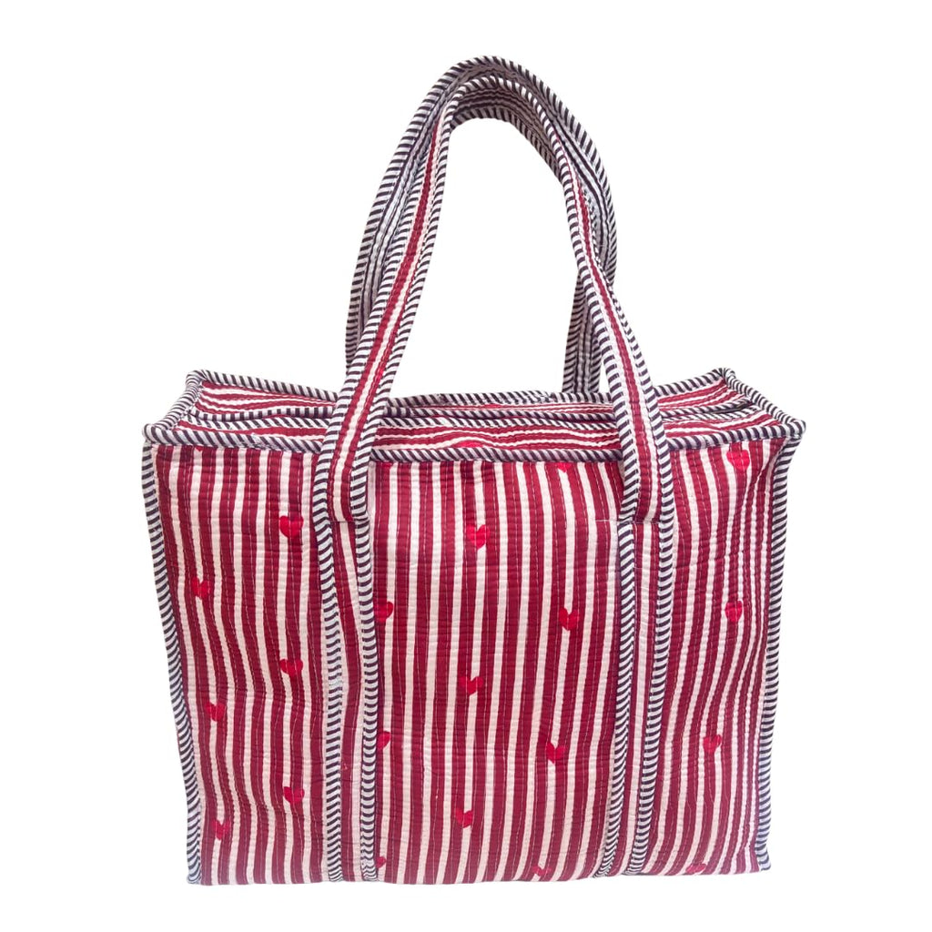 Bazaar Bhoot Edition Premium Cotton Quilted Shopping Tote Bag - Multipurpose Long Lasting Foldable Reusable Bag with zipper for Shopping, Travel & Daily Use - Made in India (Heart Red)