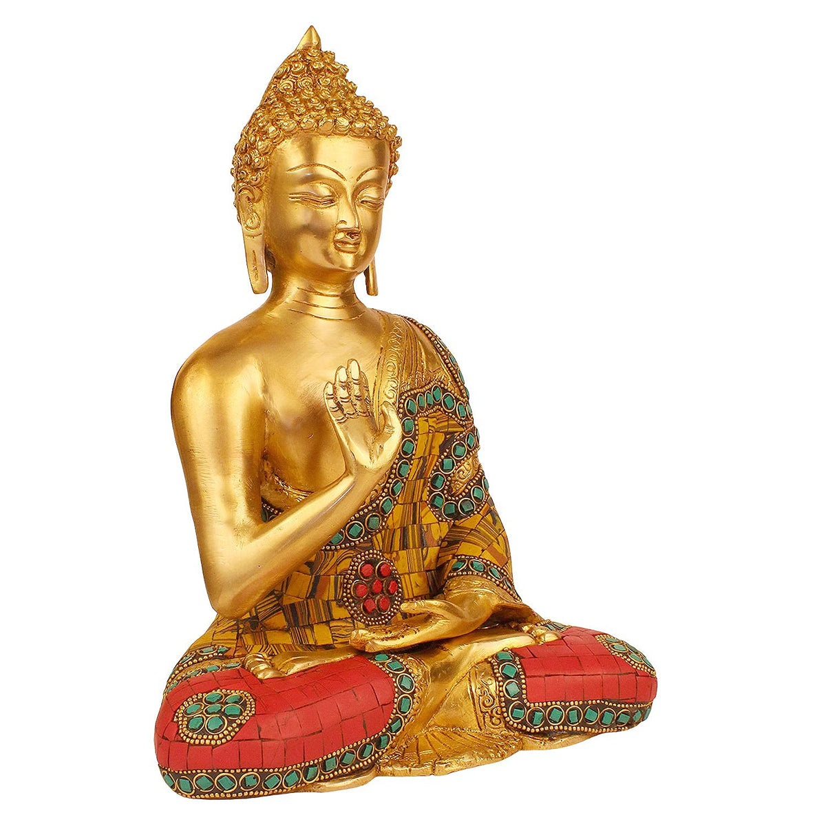 Svarup Brass Gautam Buddha Idol Statue Murti Draped in Stone Embellished Shawl for Home Decoration Blessing Buddha Height 10 Inch Weight 3.6 Kg Color Multicolor