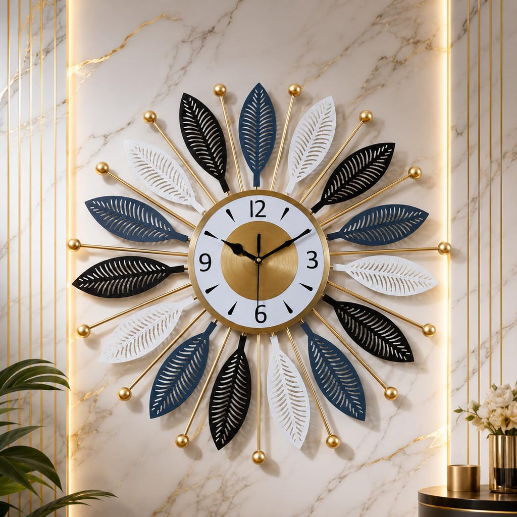 Mahira Artefacts Metal Starburst Wall Clock, Multicolour Leaf Spokes with Gold Accents, Silent, Battery Powered, Art Deco, Large