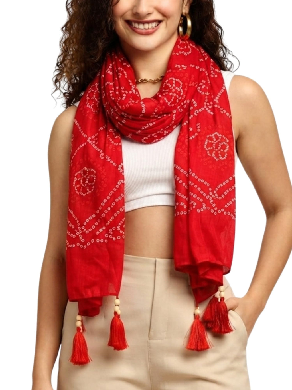 KE KANHA EXPORTS Cotton Scarf with Tassels|Bandhani Print Scarf for Women Stylish|Stole for Women|Breathable Boho Beach Summer Wrap|Multicolor Scarf|Easily Fits 180 * 50 CM