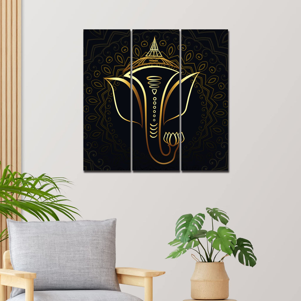 VIBECRAFTS 3 Pieces Shree Ganesha Canvas Wall Painting Fitted With Wooden Frame For Home | Office | Living Room | Gifts (PTVC3Pcs1_9589)