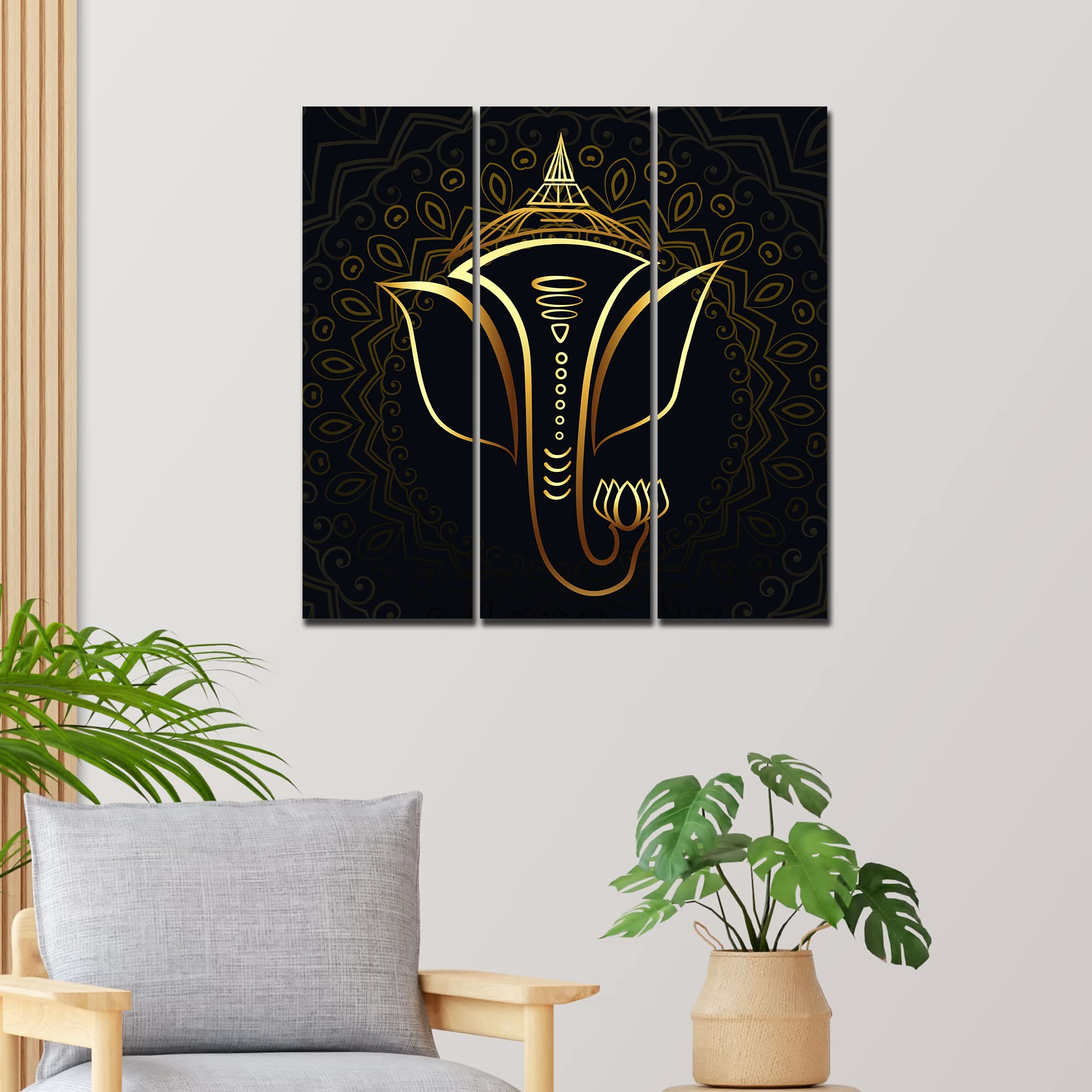 VIBECRAFTS 3 Pieces Shree Ganesha Canvas Wall Painting Fitted With Wooden Frame For Home | Office | Living Room | Gifts (PTVC3Pcs1_9589)