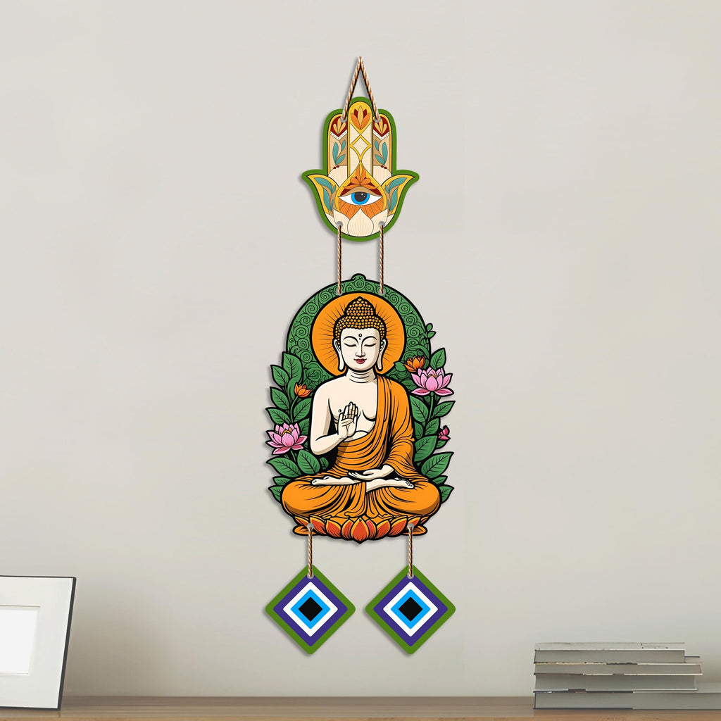 Artvibes Buddha Wall Hanging with Hamsa Hand & Evil Eye Accents | Spiritual Wooden Decor for Meditation | Yoga and Prayer Spaces | Decorative Hanging Ornament for Home Entrance (WH_8596N)