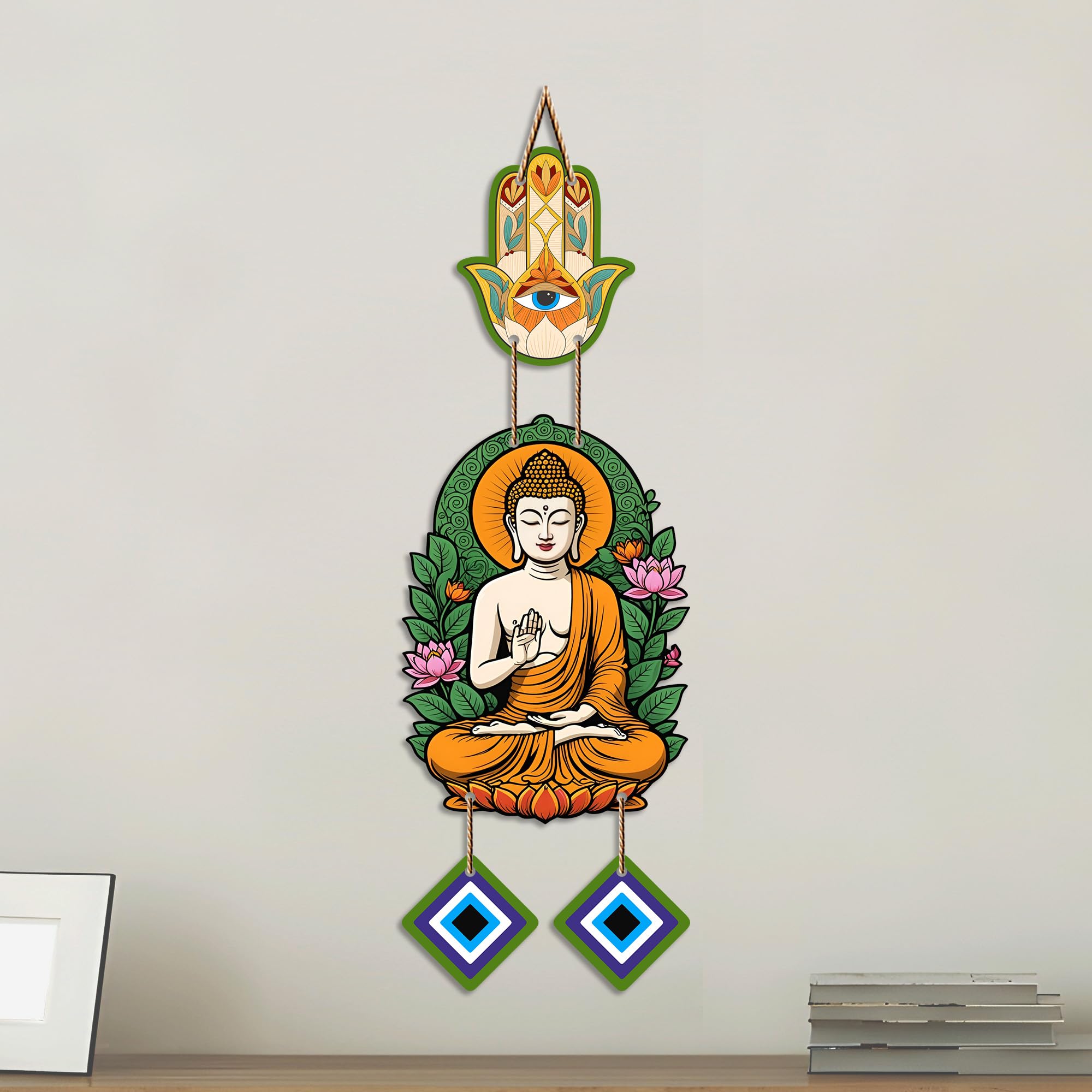 Artvibes Buddha Wall Hanging with Hamsa Hand & Evil Eye Accents | Spiritual Wooden Decor for Meditation | Yoga and Prayer Spaces | Decorative Hanging Ornament for Home Entrance (WH_8596N)