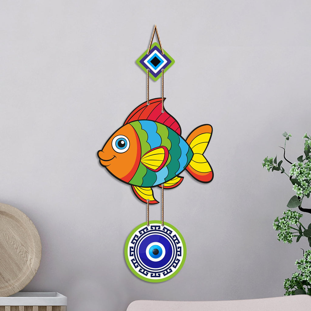 Artvibes Lucky Fish Evil Eye Wall Hanging for Home Entrance | Nazar Suraksha MDF Wall Art | Positive Energy Decor for Main Door | Living Room | Office & Balcony (WH_8531N)